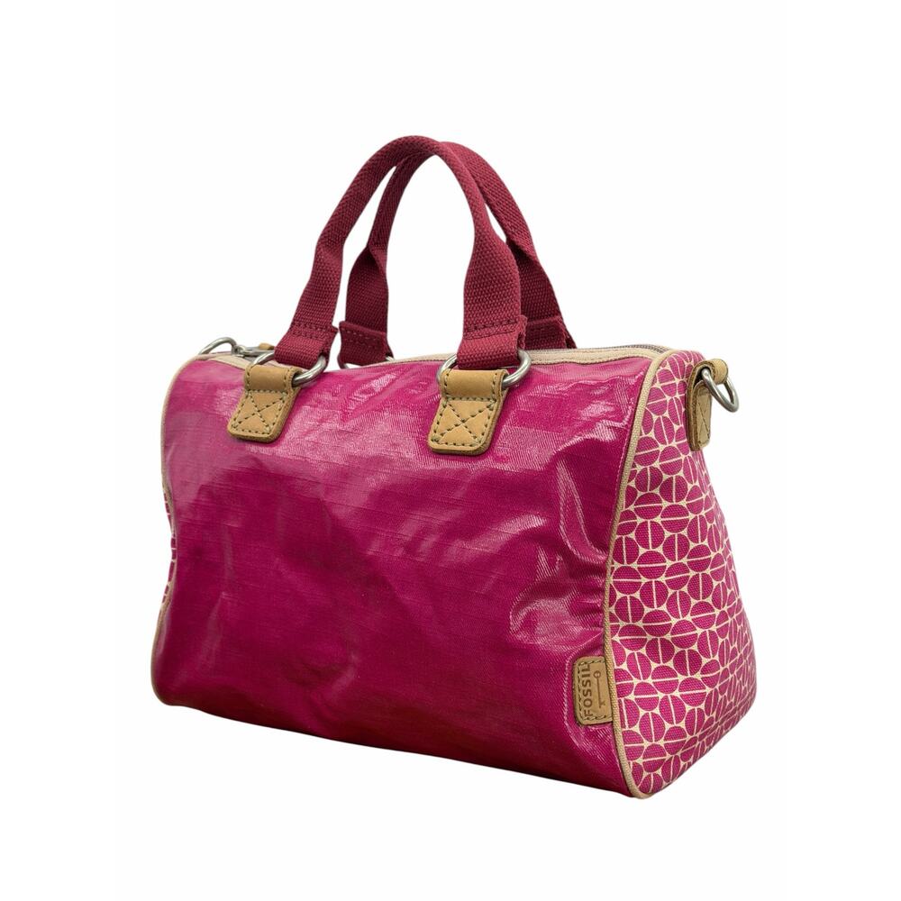 Fossil Key-Per Pink Leather Canvas Barrel Hand Bag Women's Barbiecore Girly Cool